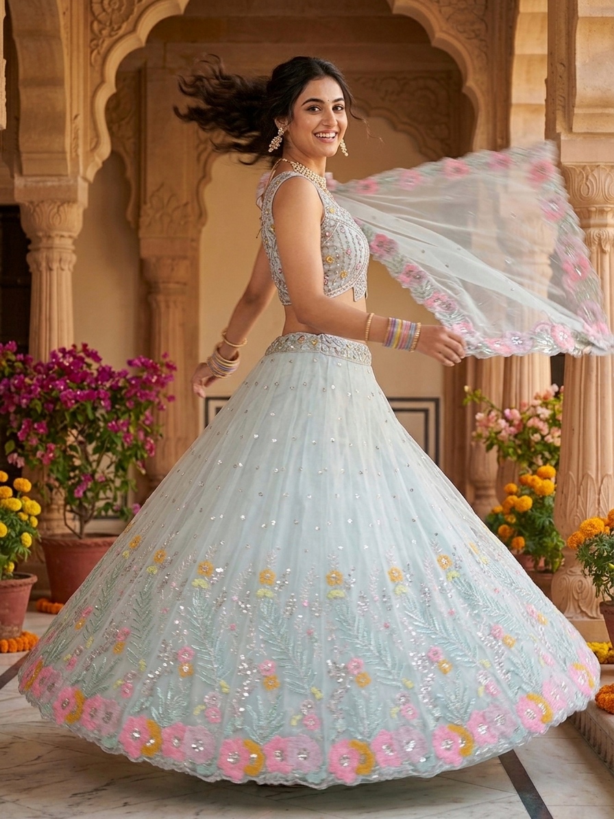 Ice Blue Organza Silk Sequin Embroidered Lehenga Set with Dupatta