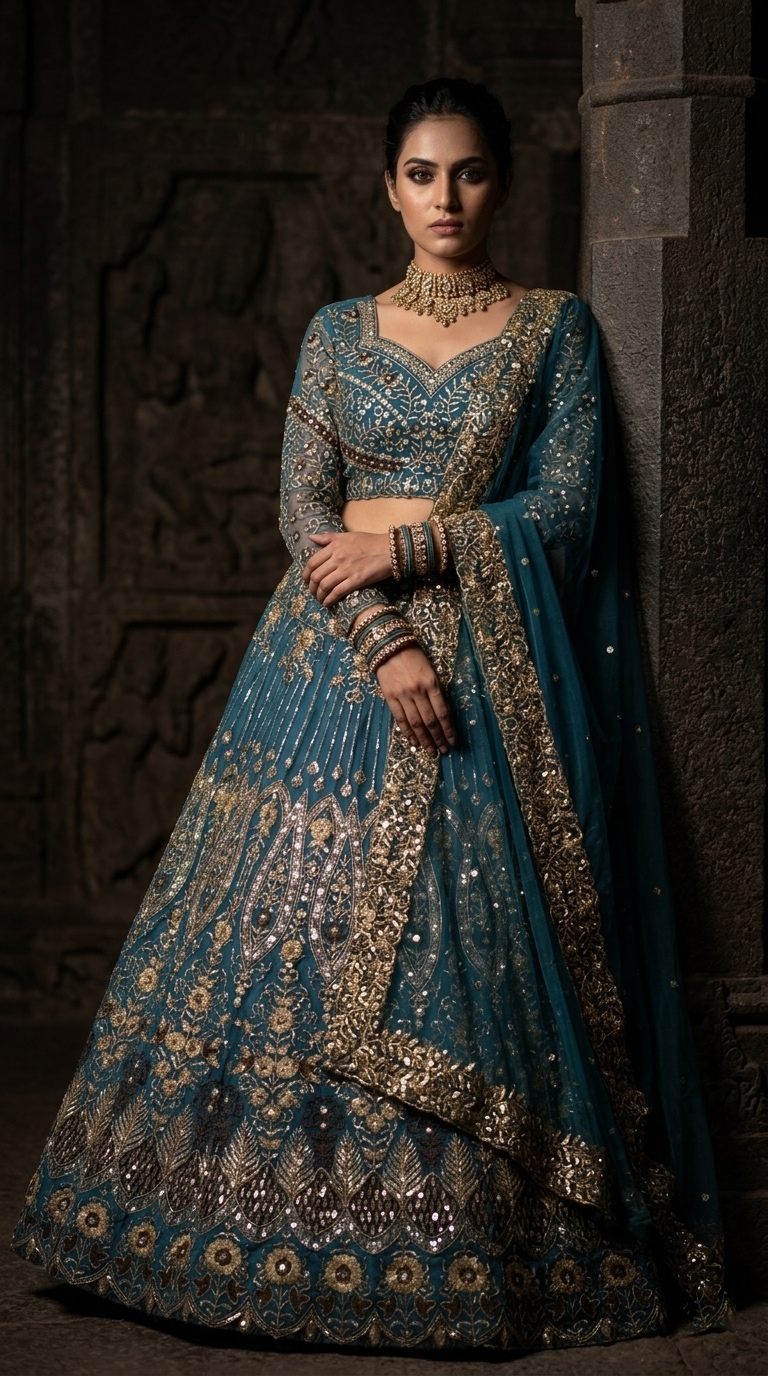 Teal Blue Butterfly Net Sequin Embroidered Lehenga Set with Dupatta