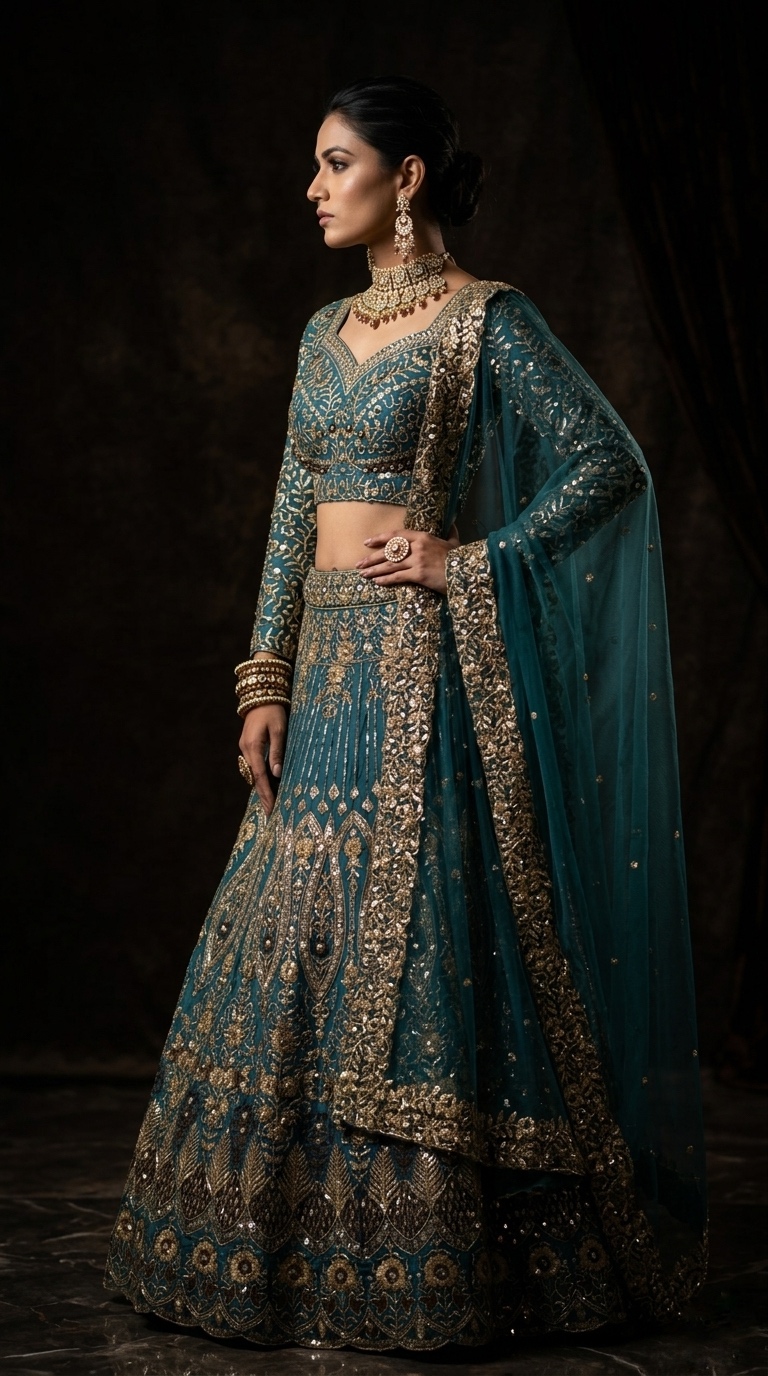 Teal Blue Butterfly Net Sequin Embroidered Lehenga Set with Dupatta — photo 3