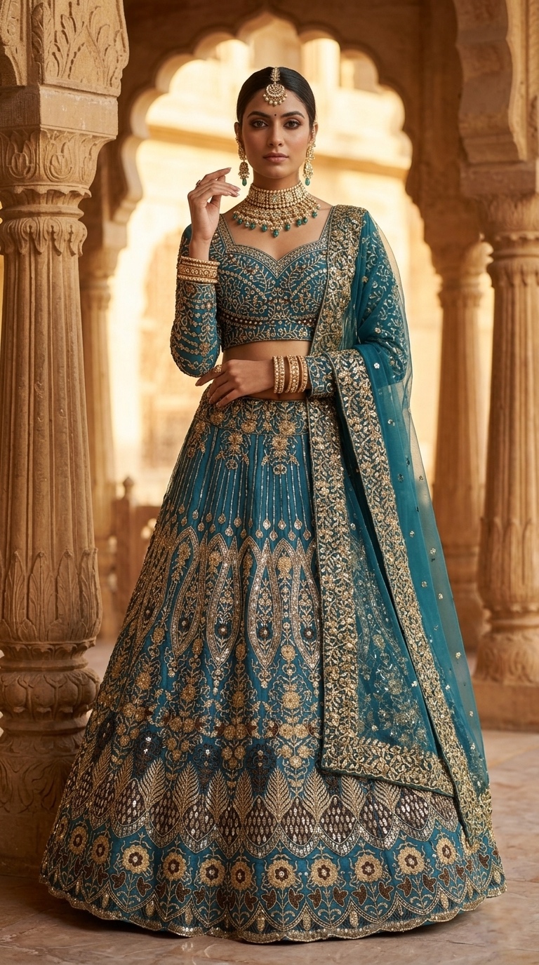 Teal Blue Butterfly Net Sequin Embroidered Lehenga Set with Dupatta — photo 4