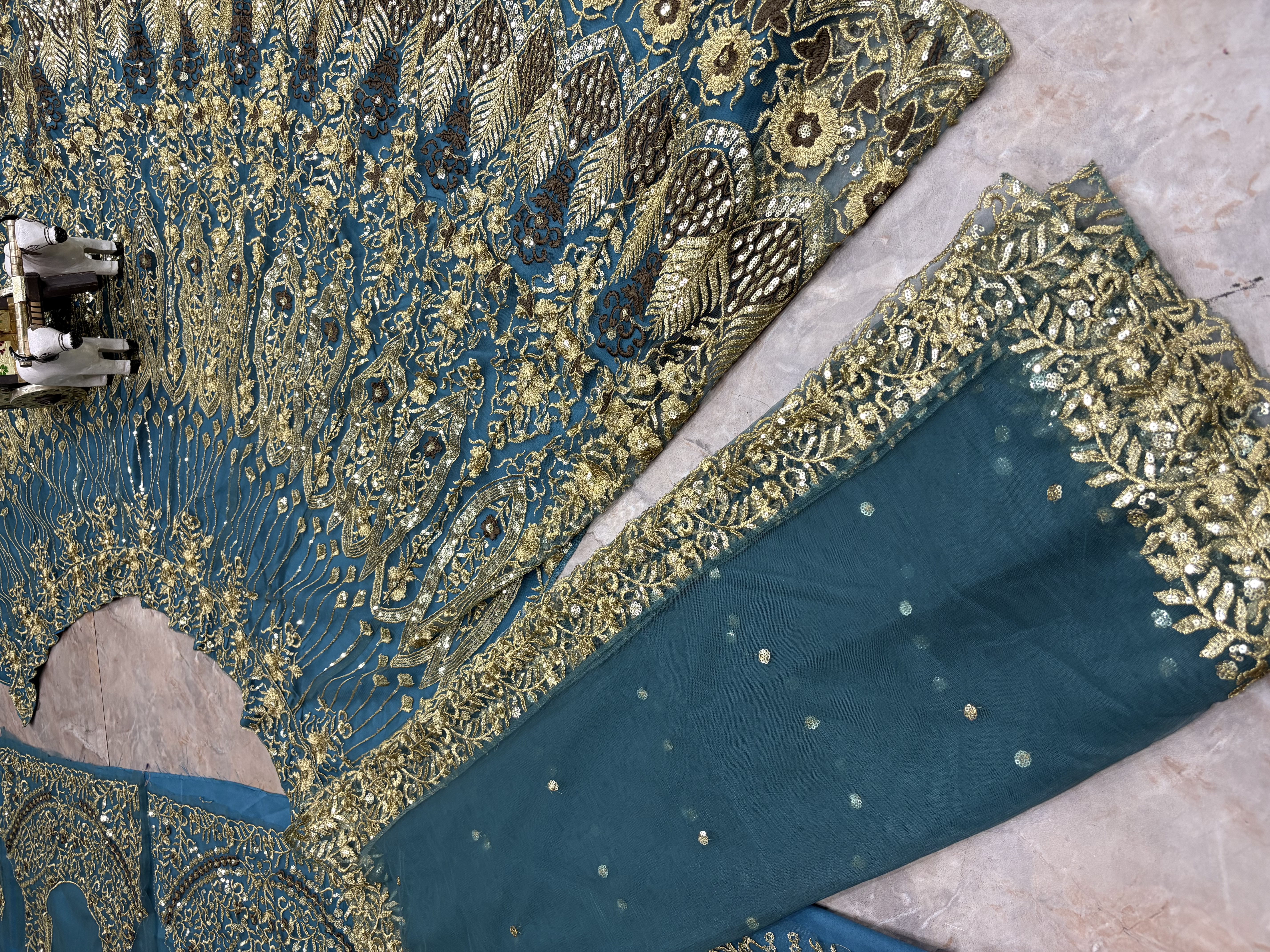 Teal Blue Butterfly Net Sequin Embroidered Lehenga Set with Dupatta — photo 7