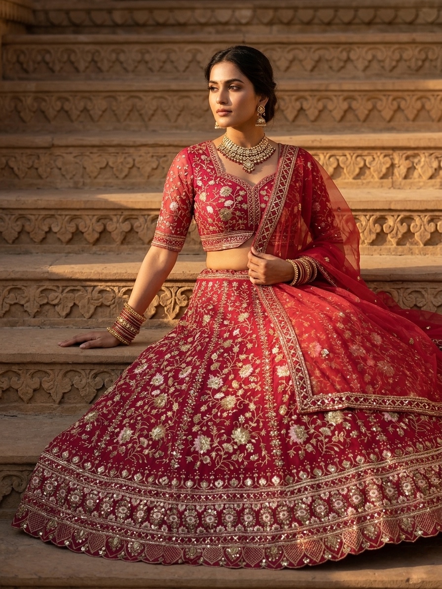 Hot Pink Fox Georgette Sequin Embroidered Lehenga Set with Dupatta — photo 5