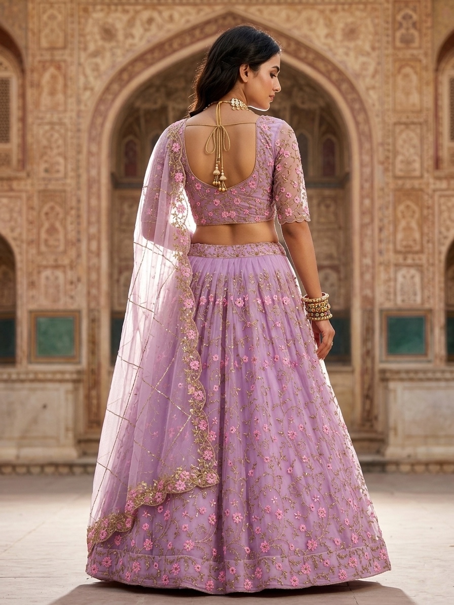 Lavender Butterfly Net Sequin Embroidered Lehenga Set with Dupatta — photo 2