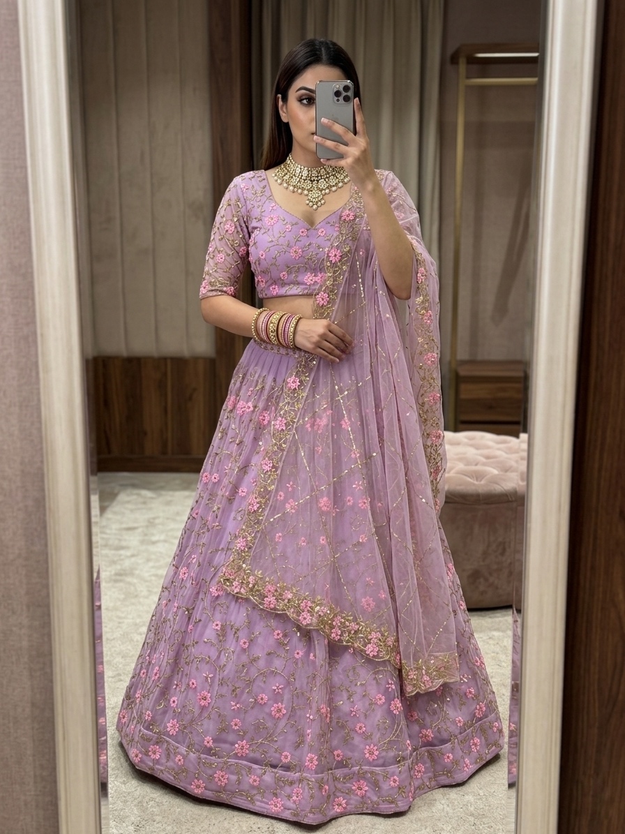Lavender Butterfly Net Sequin Embroidered Lehenga Set with Dupatta — photo 3