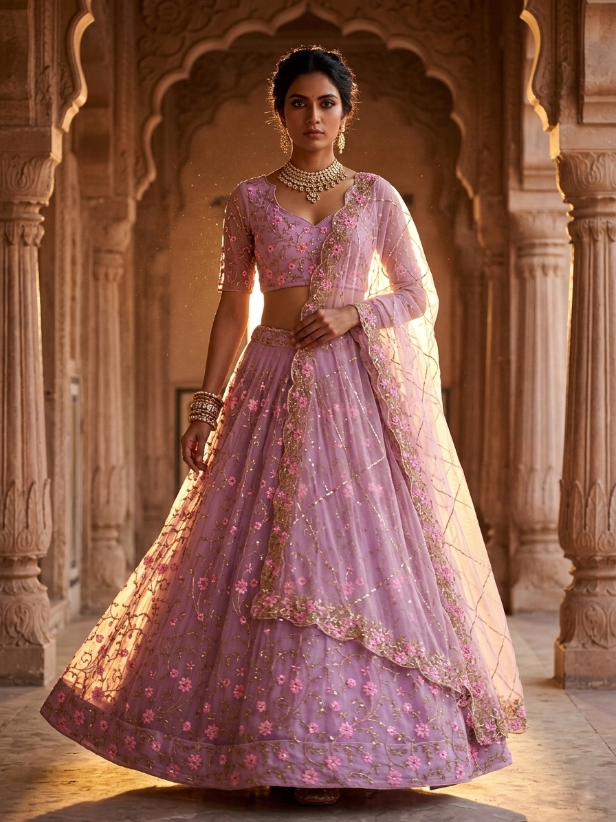 Lavender Butterfly Net Sequin Embroidered Lehenga Set with Dupatta