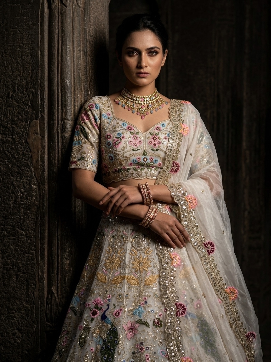 Ivory Heavy Organza Silk Sequin Embroidered Lehenga Set — photo 2