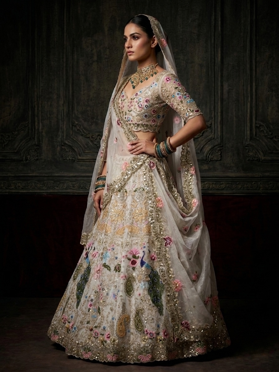 Ivory Heavy Organza Silk Sequin Embroidered Lehenga Set — photo 4