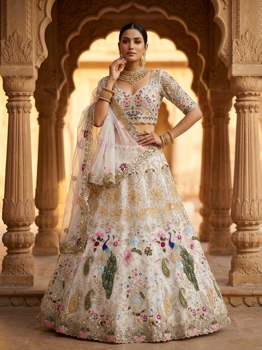 Ivory Heavy Organza Silk Sequin Embroidered Lehenga Set