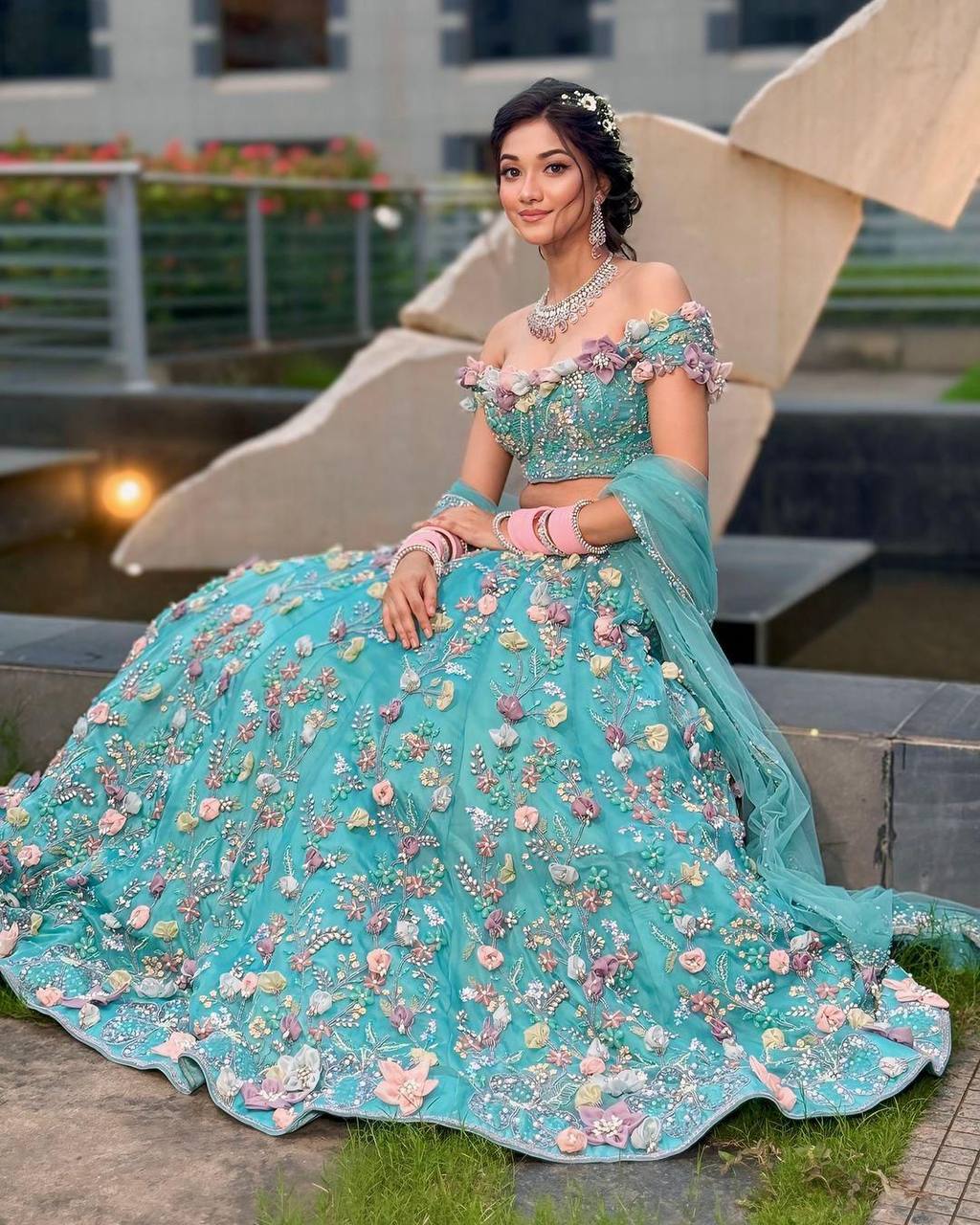 Turquoise Faux Georgette Floral Sequin Embroidered Lehenga Set — photo 2