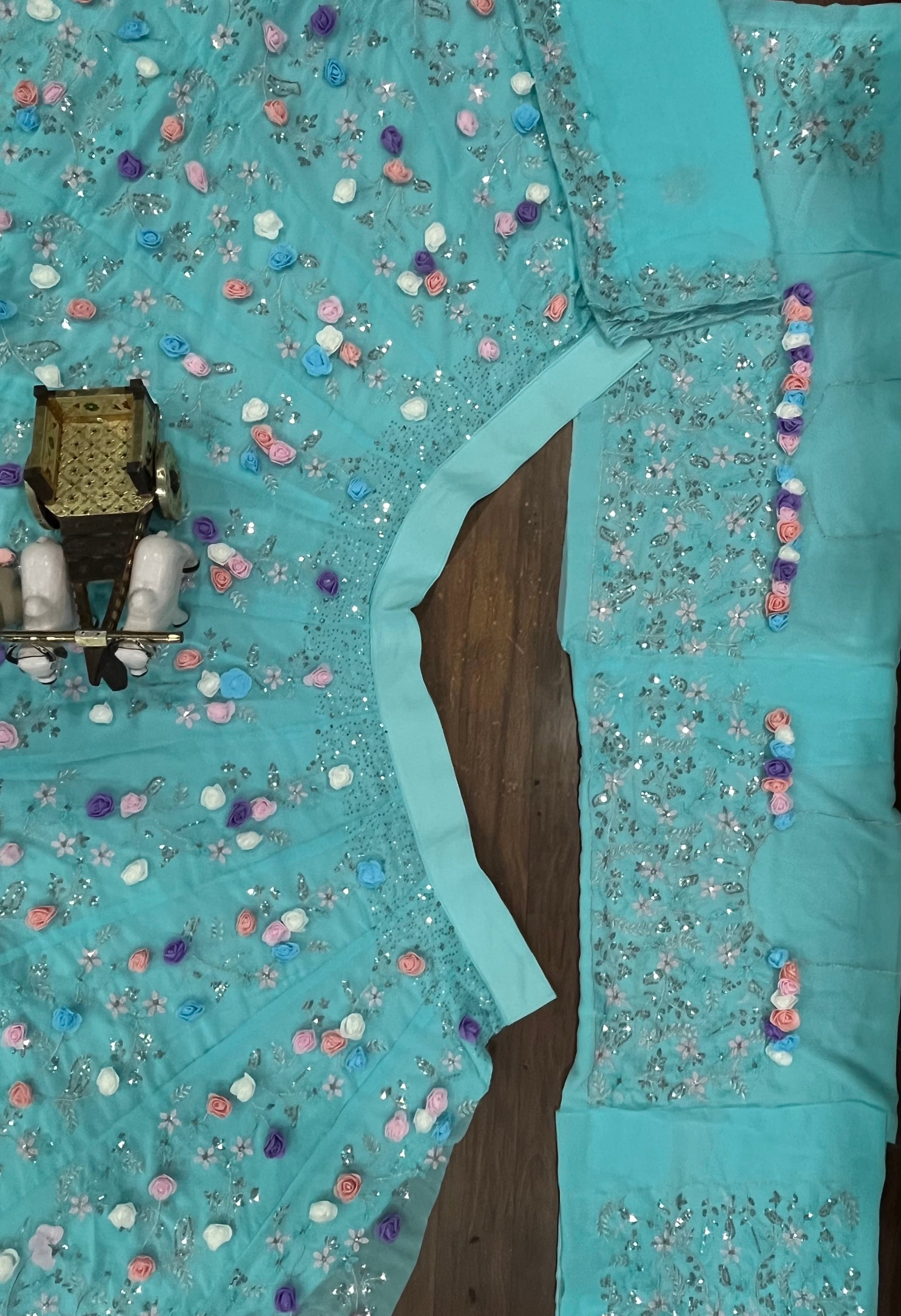 Turquoise Faux Georgette Floral Sequin Embroidered Lehenga Set — photo 3