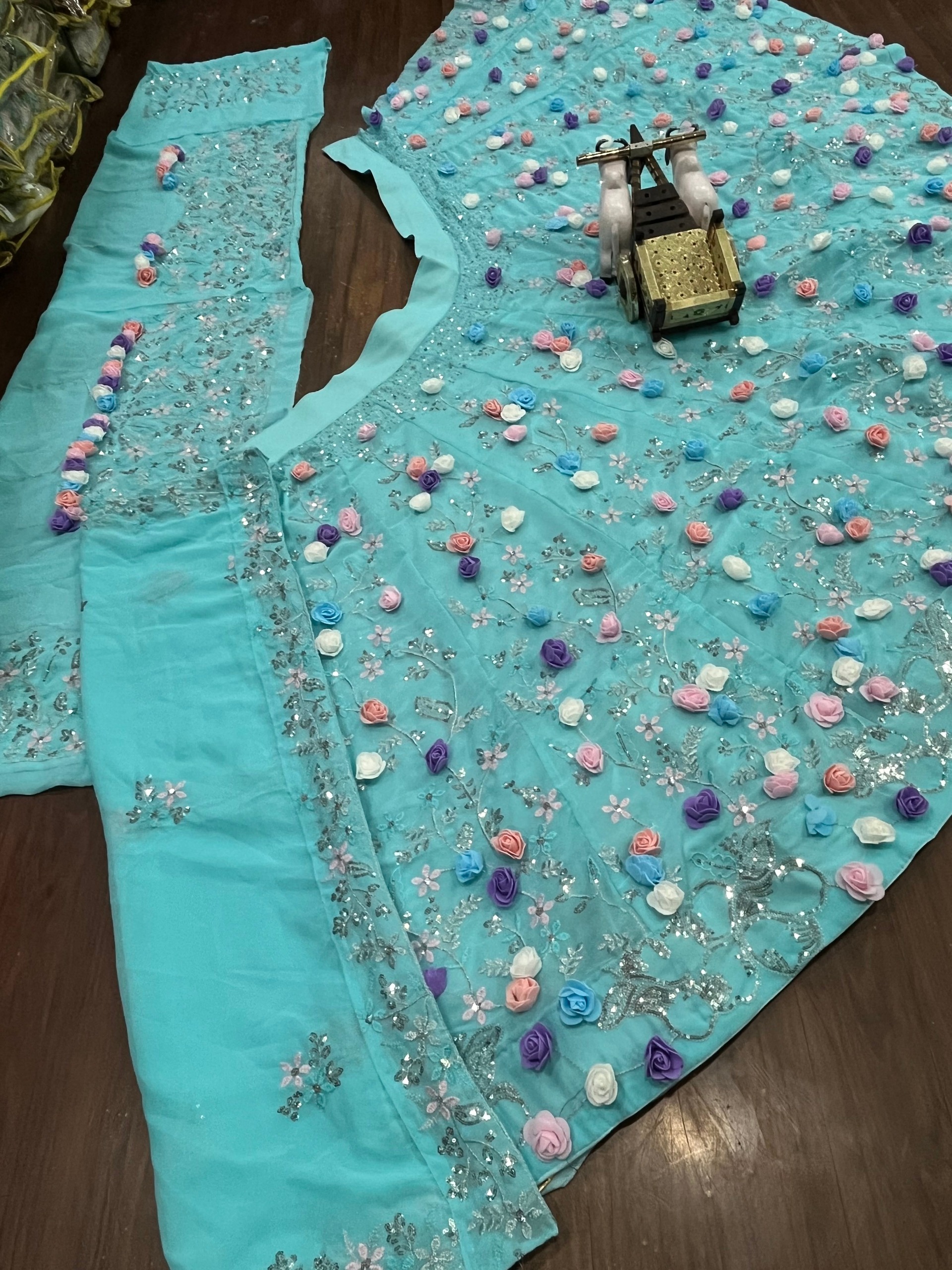 Turquoise Faux Georgette Floral Sequin Embroidered Lehenga Set — photo 4