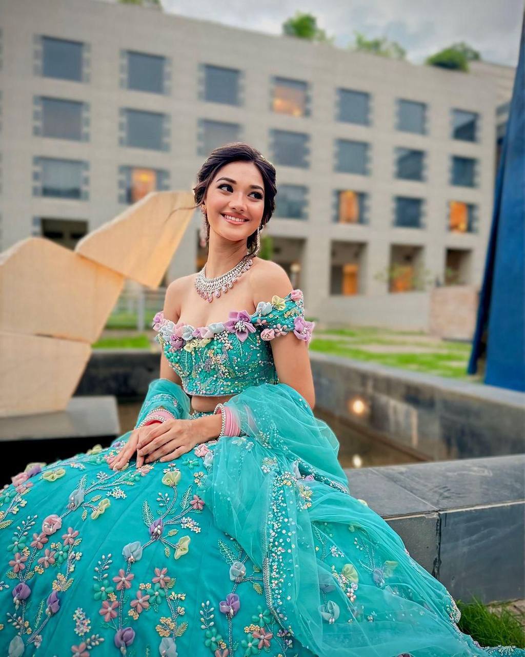 Turquoise Faux Georgette Floral Sequin Embroidered Lehenga Set