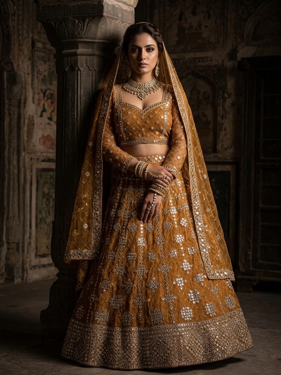 Rust Brown Fox Georgette Mirror Sequin Embroidered Lehenga Set — photo 2