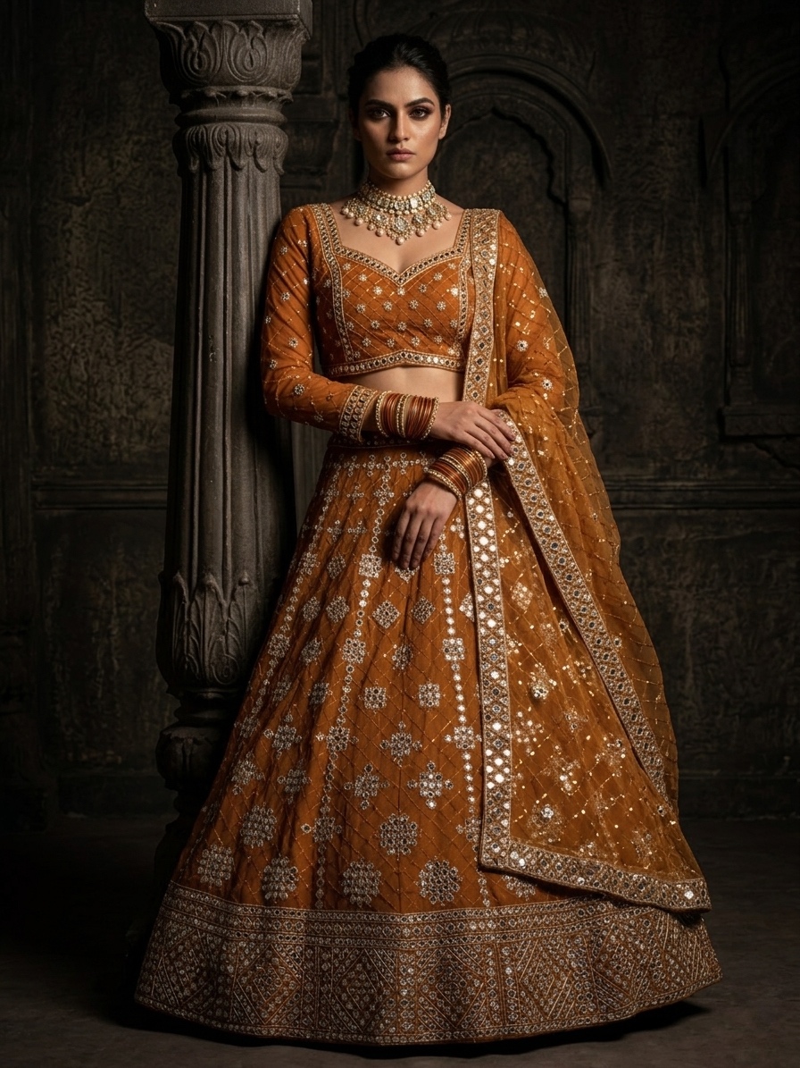Rust Brown Fox Georgette Mirror Sequin Embroidered Lehenga Set — photo 3