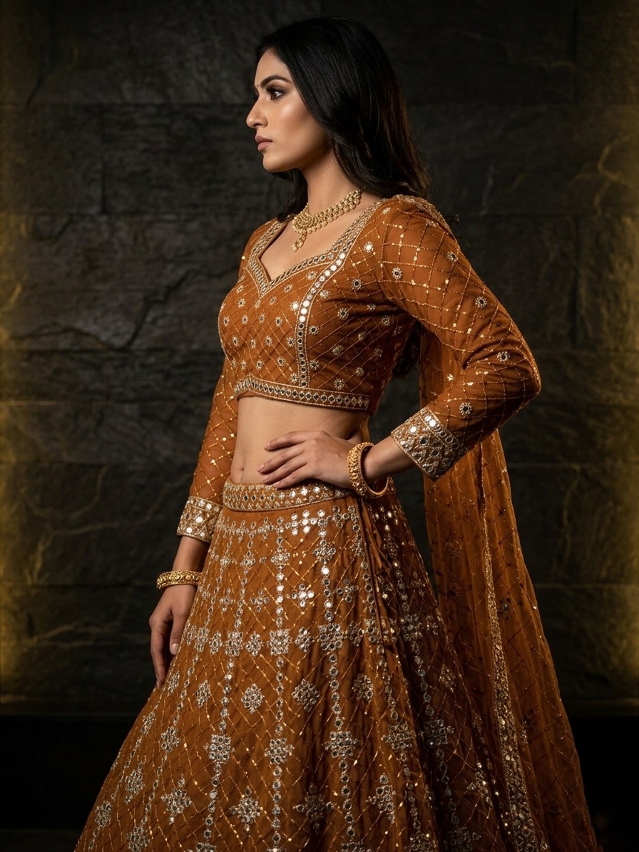 Rust Brown Fox Georgette Mirror Sequin Embroidered Lehenga Set — photo 4