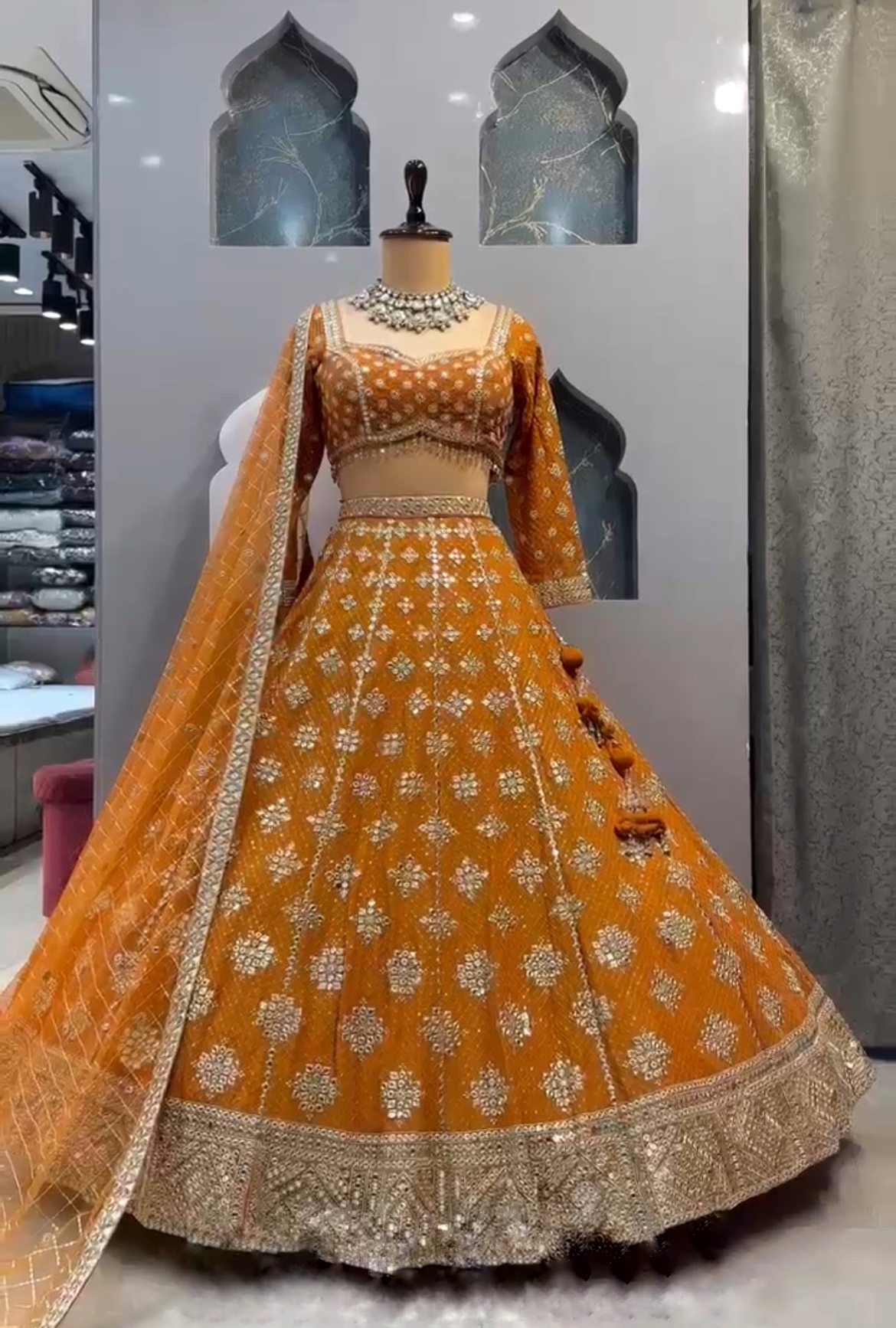 Rust Brown Fox Georgette Mirror Sequin Embroidered Lehenga Set — photo 5