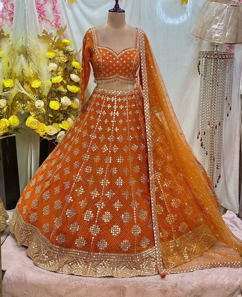 Rust Brown Fox Georgette Mirror Sequin Embroidered Lehenga Set — photo 6