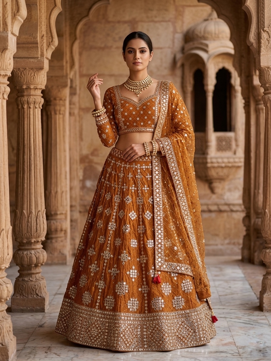Rust Brown Fox Georgette Mirror Sequin Embroidered Lehenga Set