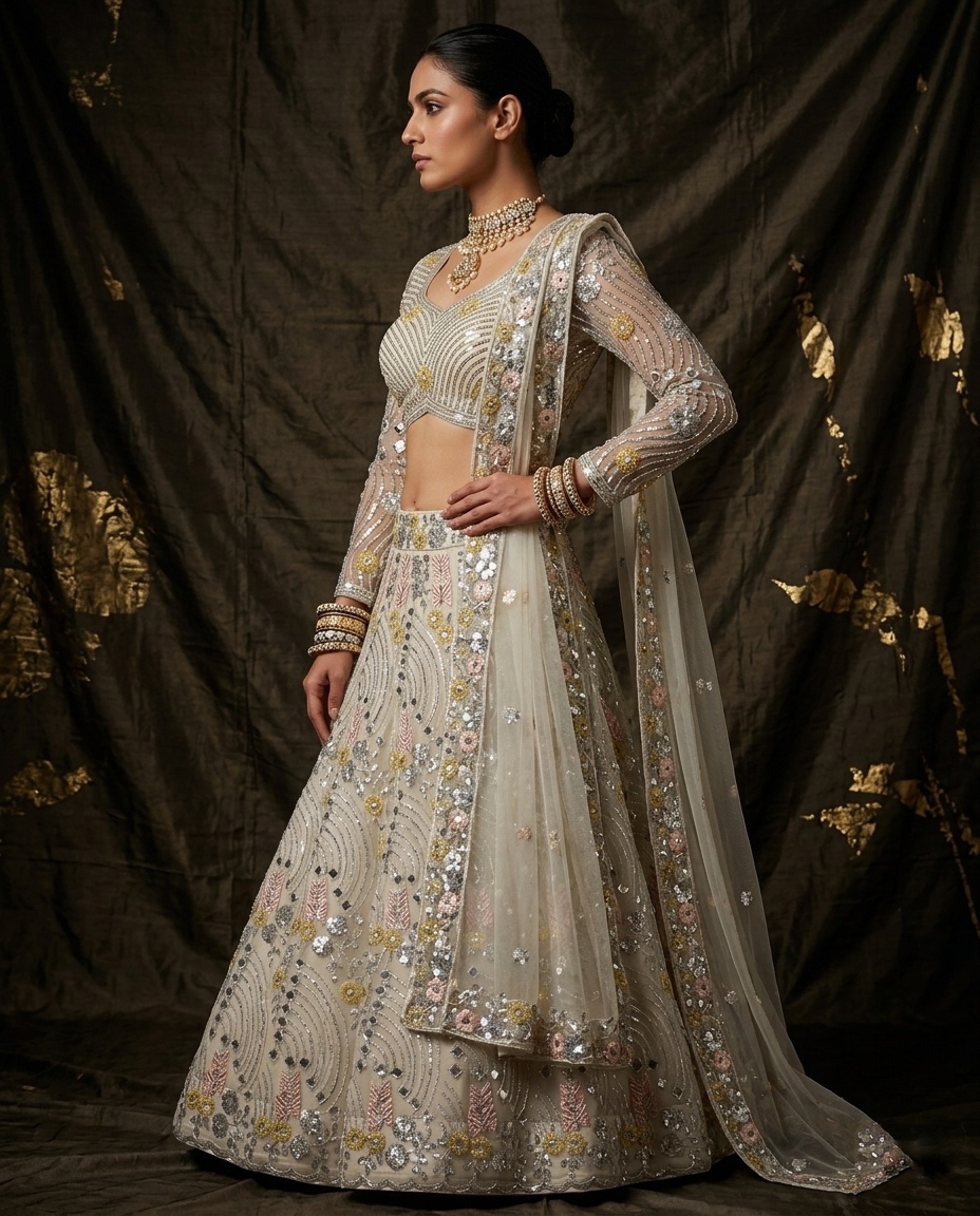 White Soft Butterfly Net Real Mirror Sequin Lehenga Set — photo 2
