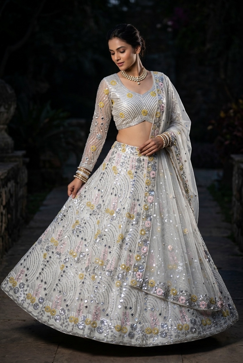 White Soft Butterfly Net Real Mirror Sequin Lehenga Set — photo 3