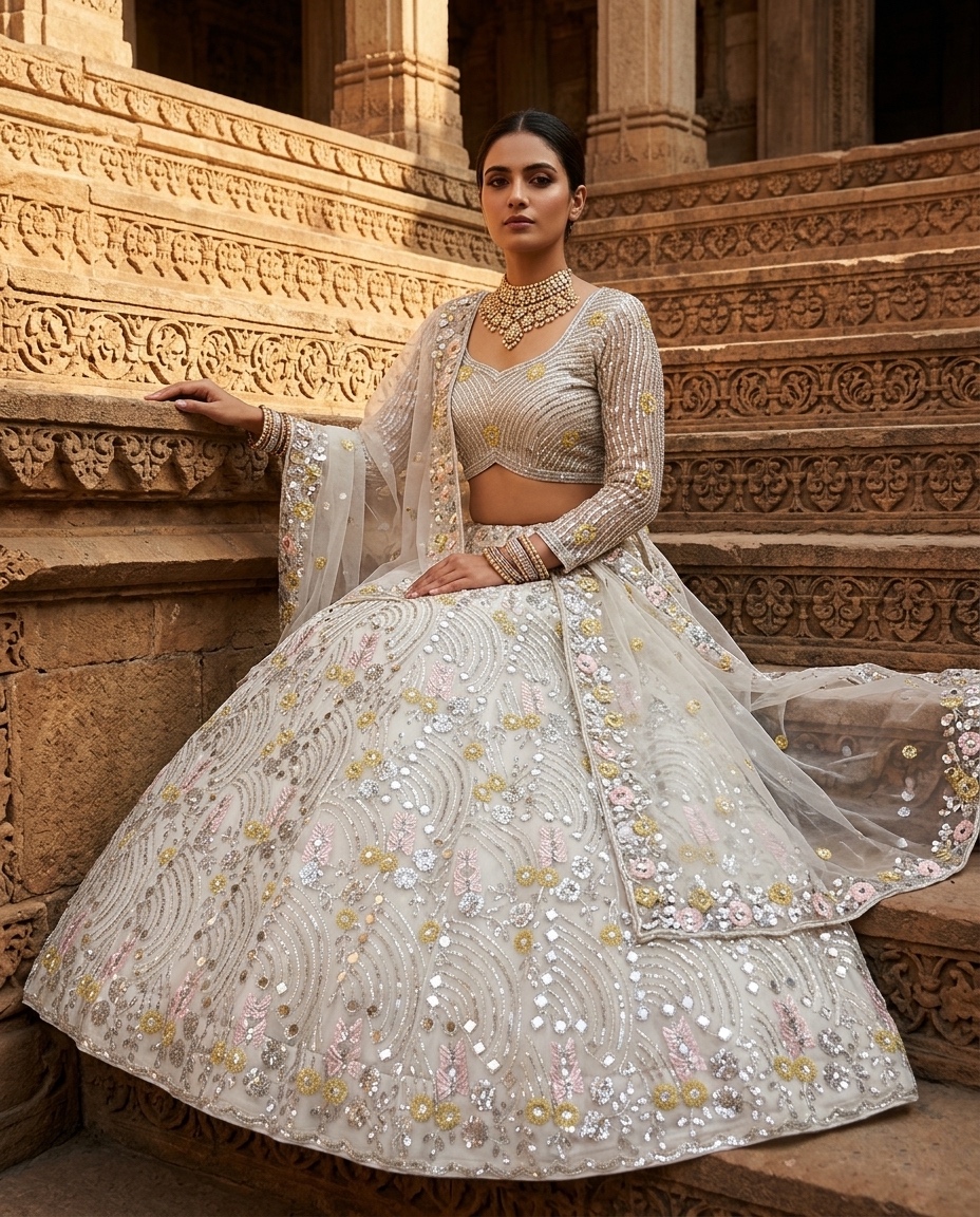 White Soft Butterfly Net Real Mirror Sequin Lehenga Set — photo 4