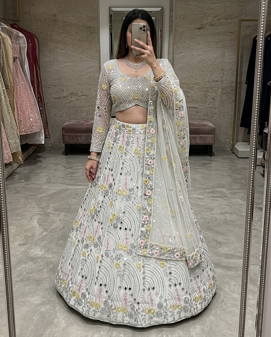 White Soft Butterfly Net Real Mirror Sequin Lehenga Set — photo 5