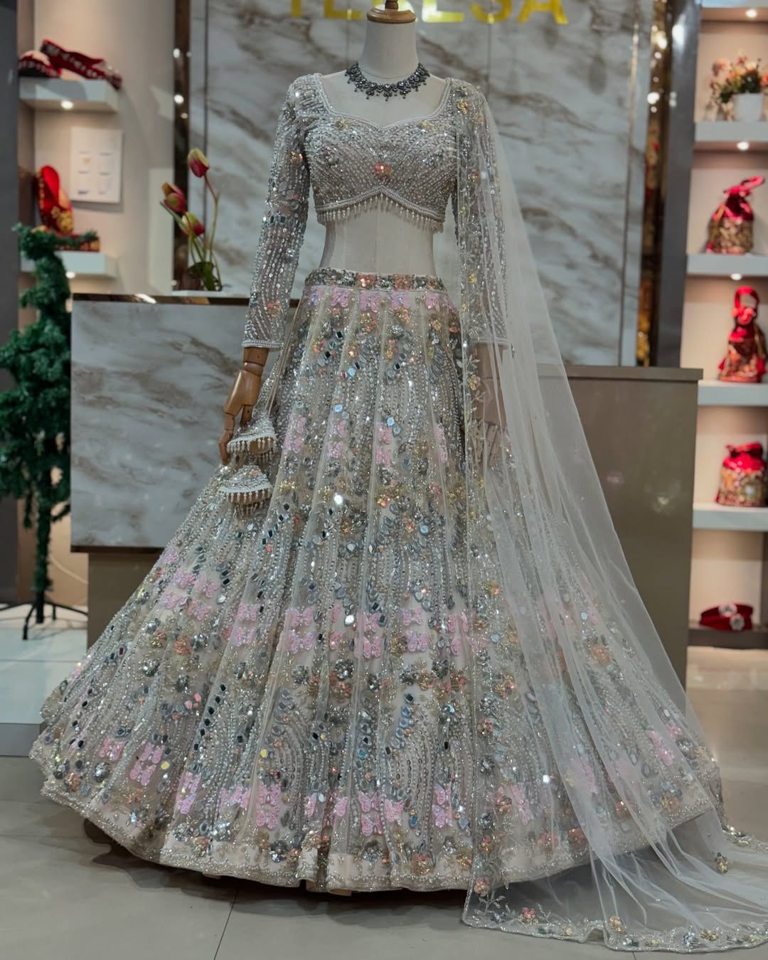 White Soft Butterfly Net Real Mirror Sequin Lehenga Set — photo 6