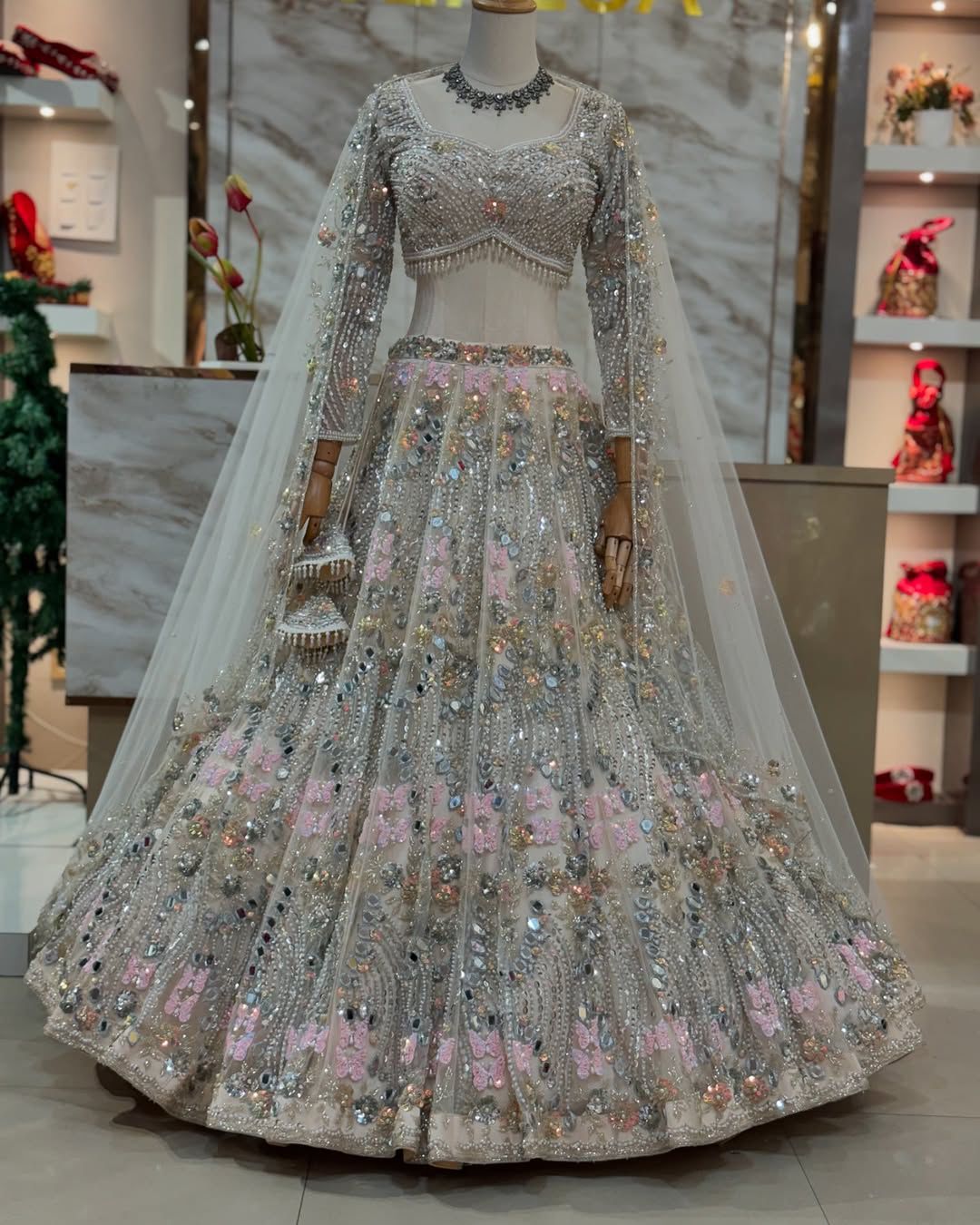 White Soft Butterfly Net Real Mirror Sequin Lehenga Set — photo 7