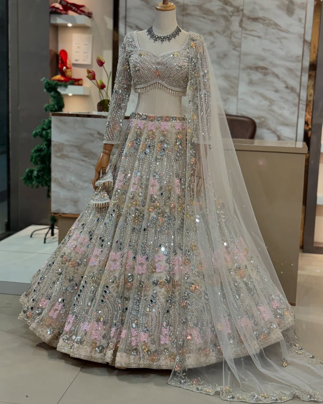 White Soft Butterfly Net Real Mirror Sequin Lehenga Set — photo 8