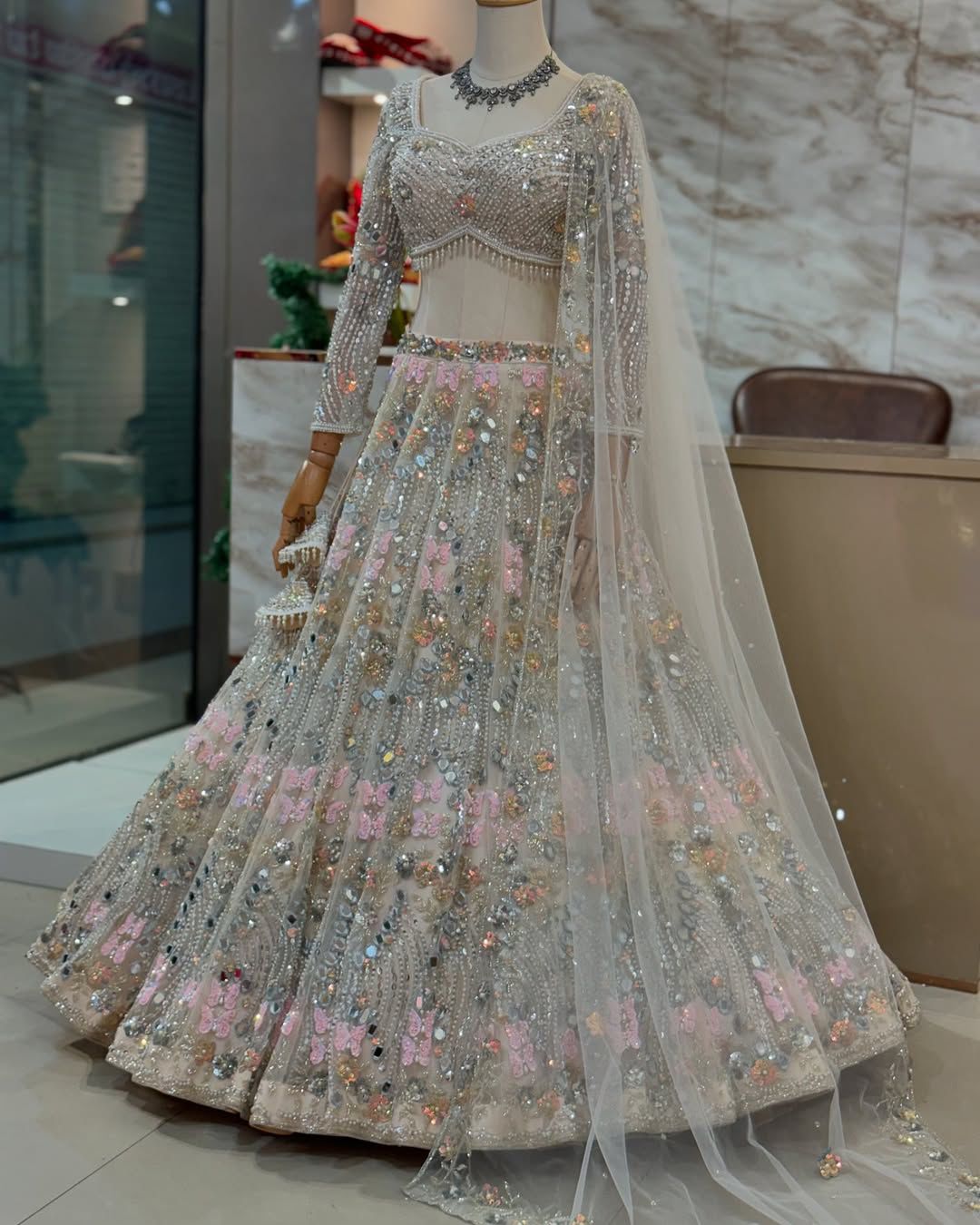 White Soft Butterfly Net Real Mirror Sequin Lehenga Set — photo 9