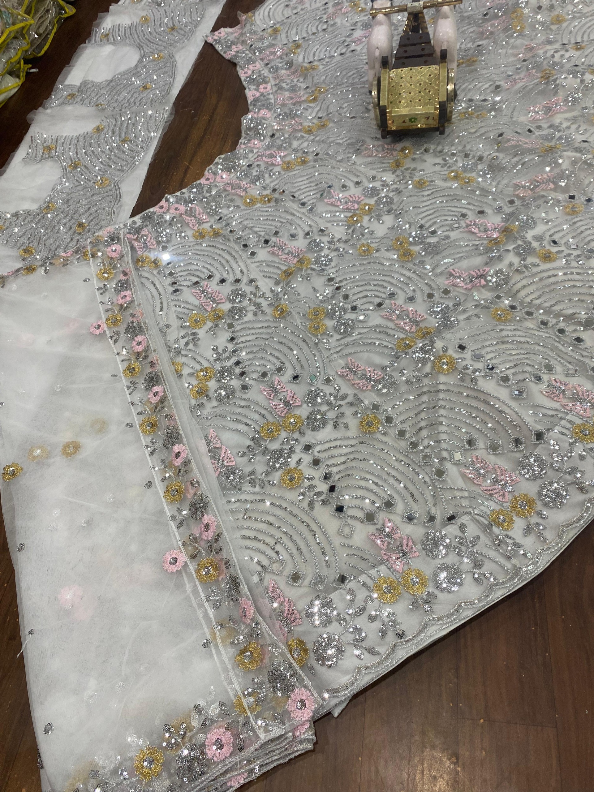 White Soft Butterfly Net Real Mirror Sequin Lehenga Set — photo 10