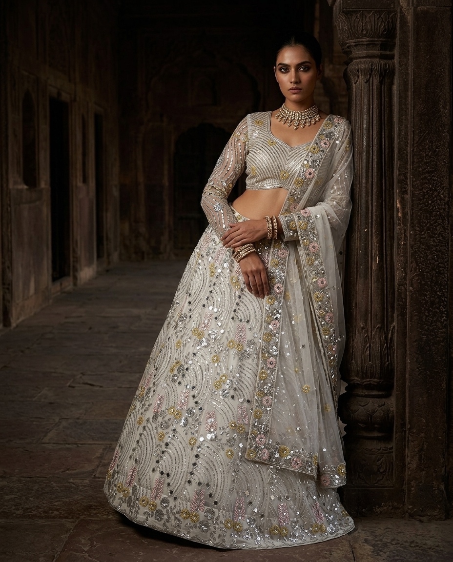 White Soft Butterfly Net Real Mirror Sequin Lehenga Set