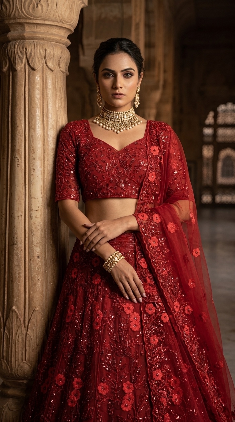 Red Soft Butterfly Net Sequin Embroidered Lehenga Set — photo 2