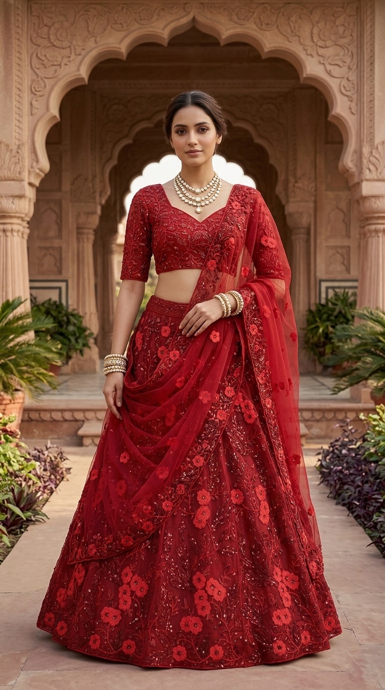 Red Soft Butterfly Net Sequin Embroidered Lehenga Set — photo 4