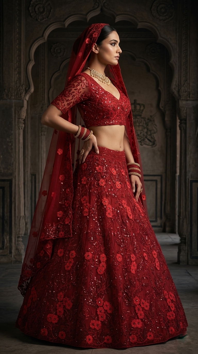 Red Soft Butterfly Net Sequin Embroidered Lehenga Set — photo 5
