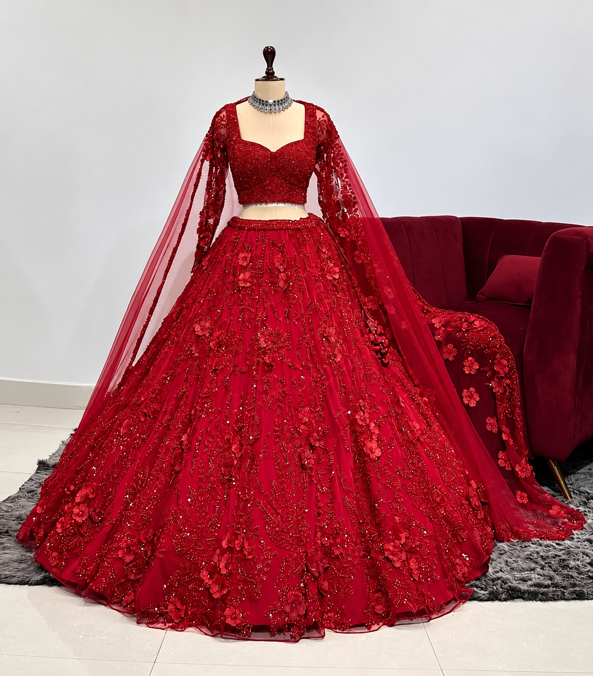 Red Soft Butterfly Net Sequin Embroidered Lehenga Set — photo 6