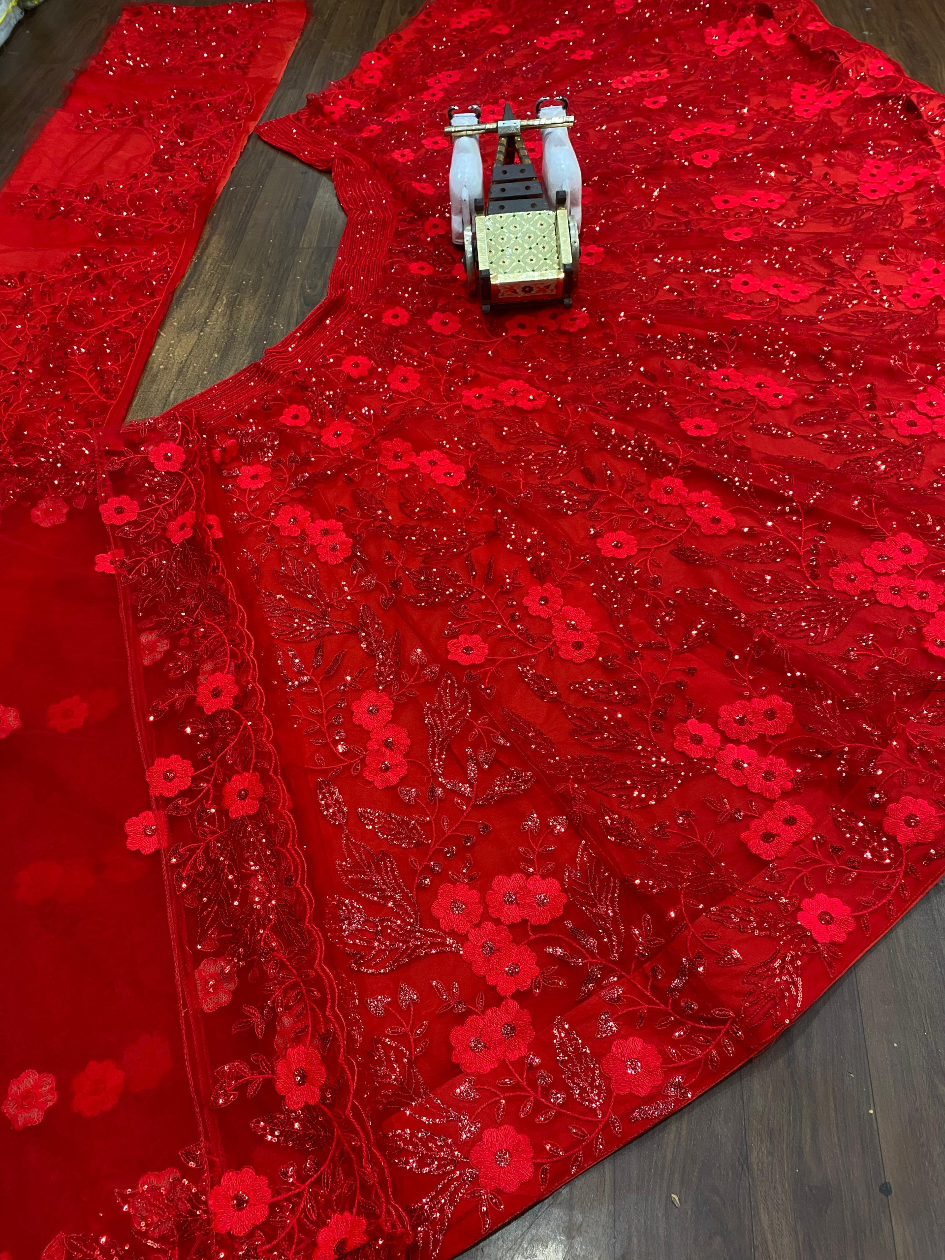 Red Soft Butterfly Net Sequin Embroidered Lehenga Set — photo 7