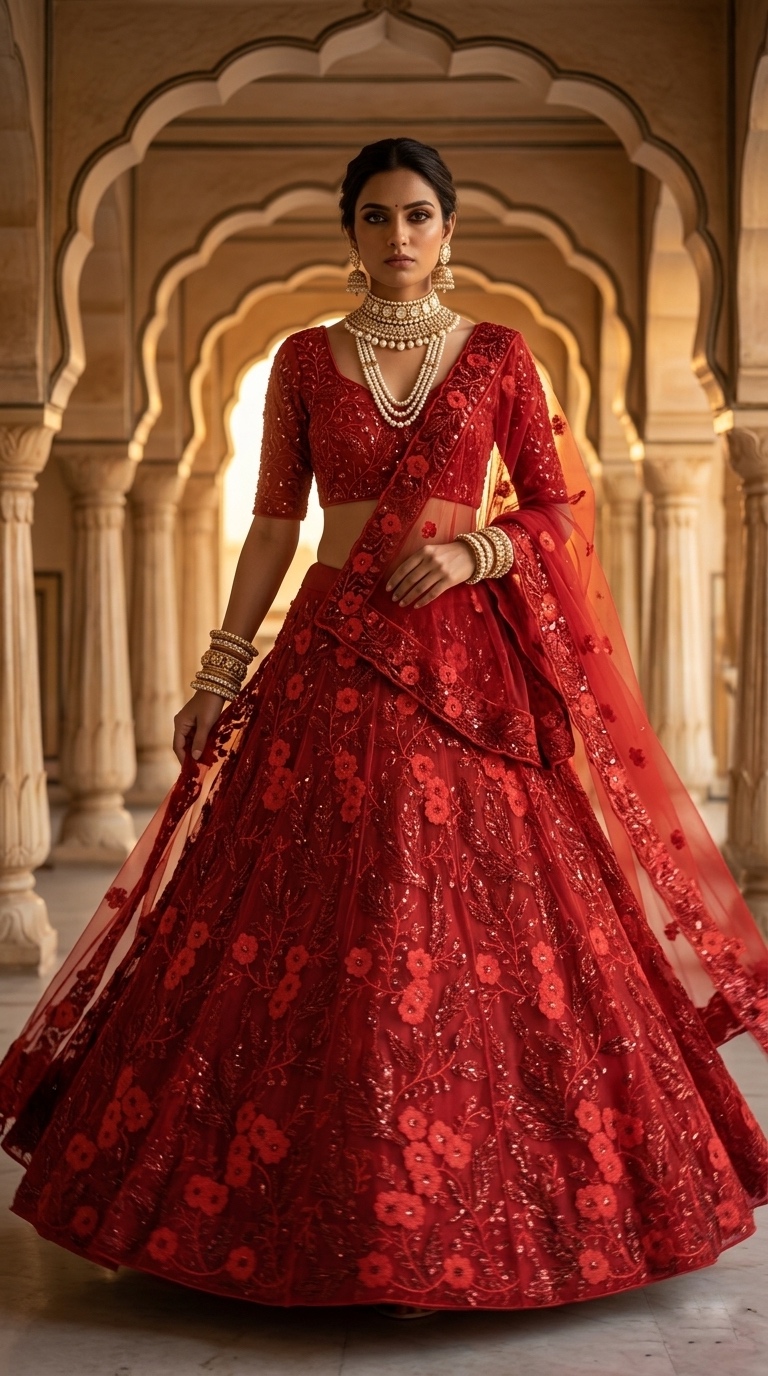 Red Soft Butterfly Net Sequin Embroidered Lehenga Set