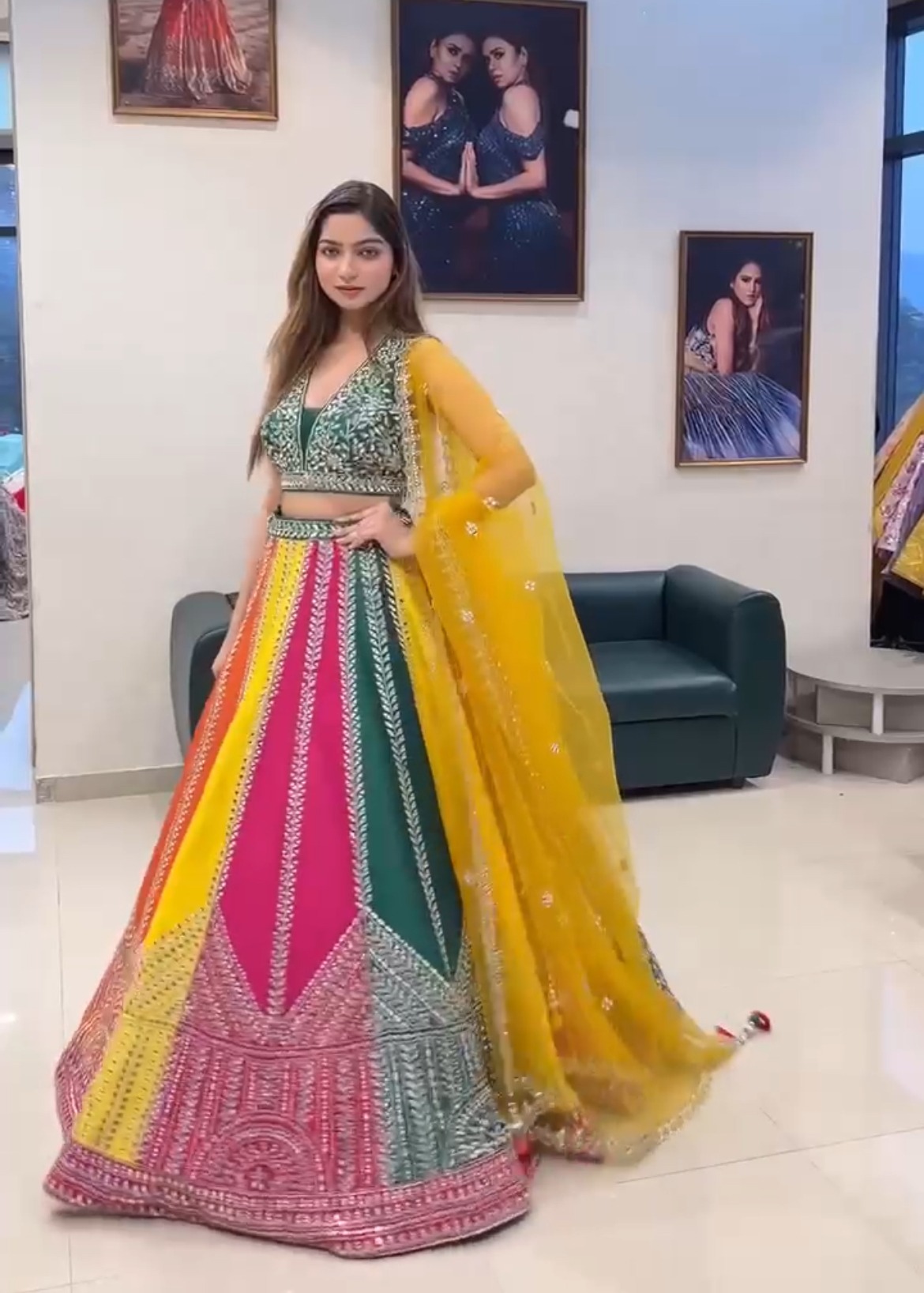 Multicolor Mirror Work Faux Georgette Lehenga Set