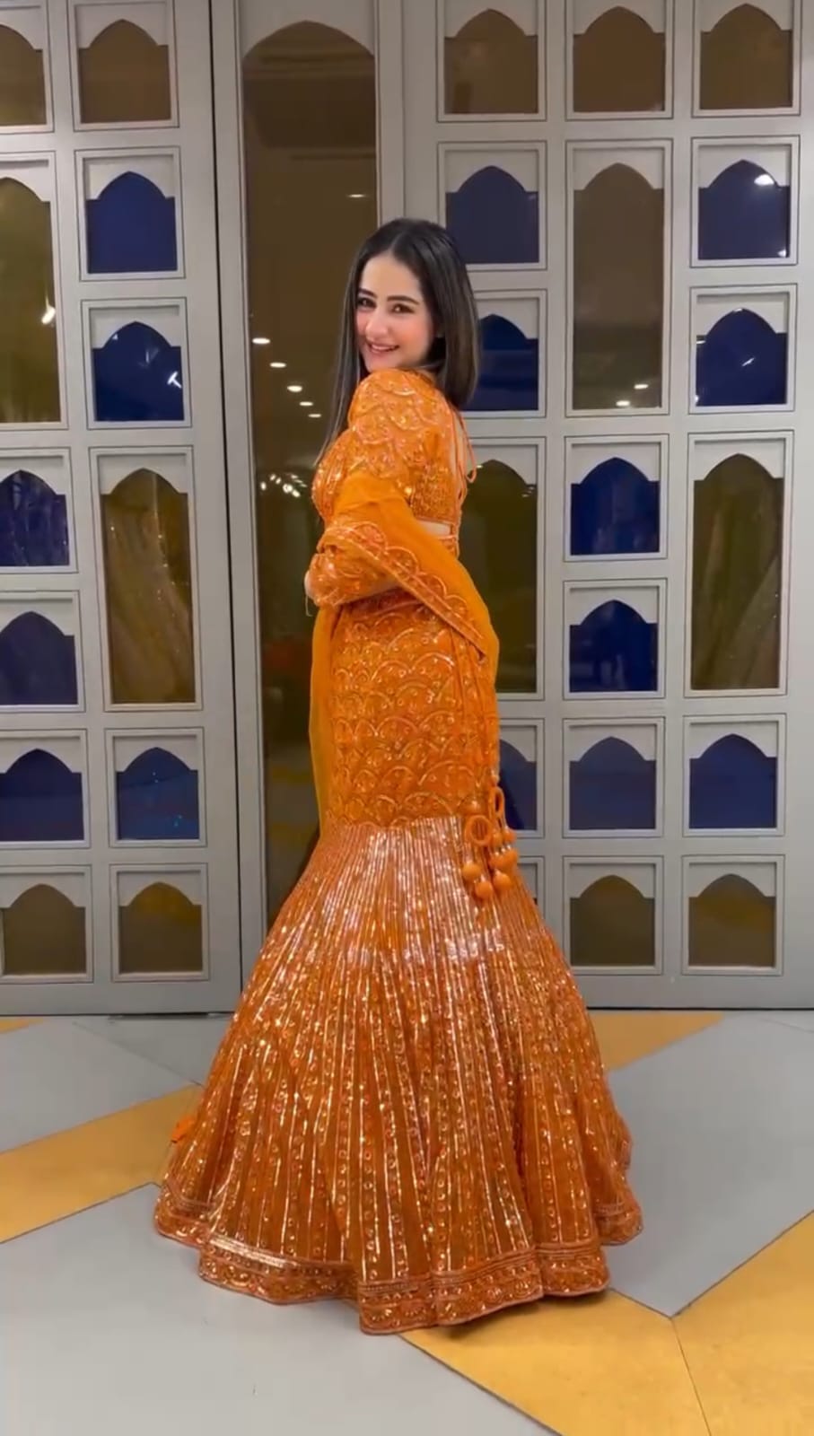 Mustard Gold Faux Georgette Sequin Work Lehenga Set — photo 2