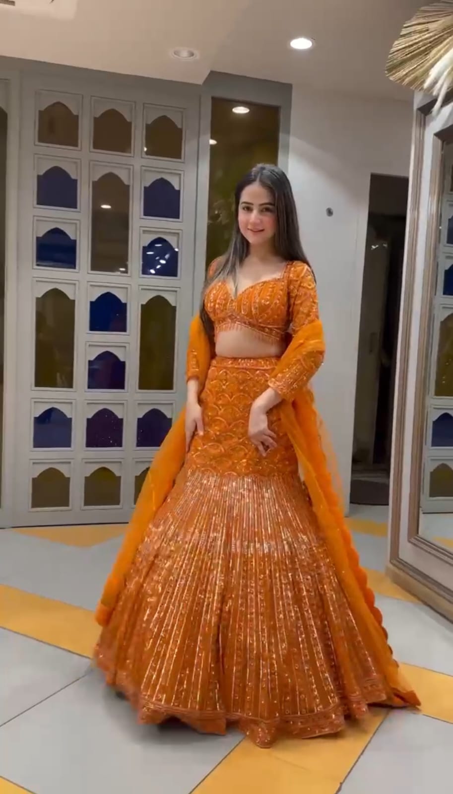 Mustard Gold Faux Georgette Sequin Work Lehenga Set — photo 3