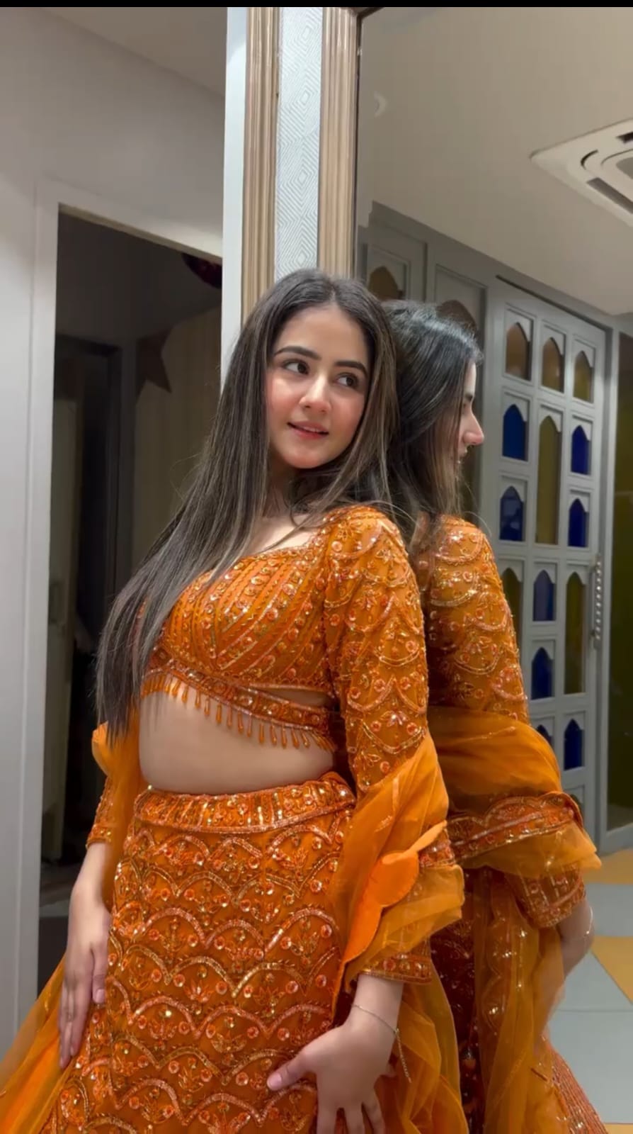 Mustard Gold Faux Georgette Sequin Work Lehenga Set — photo 4