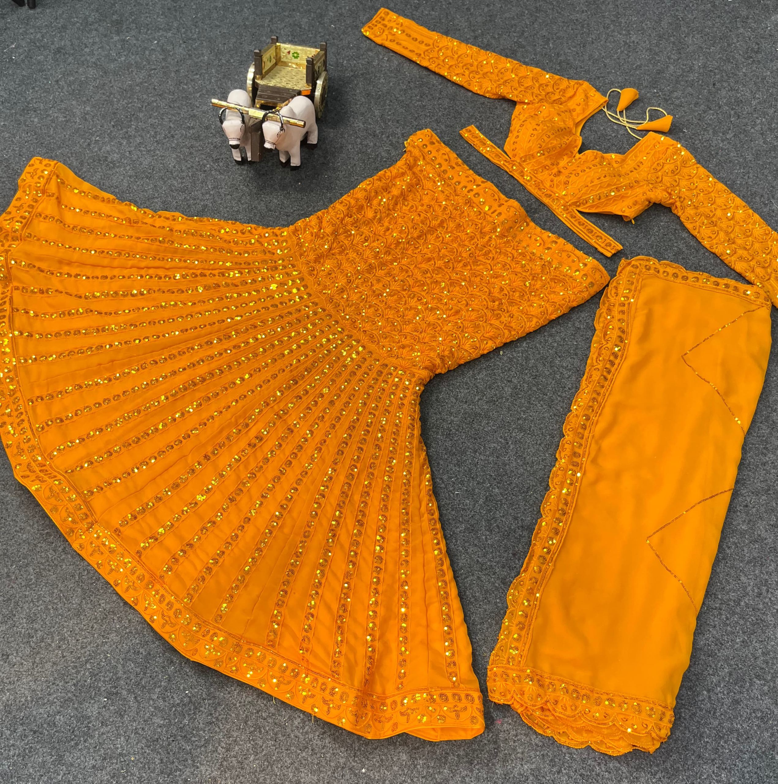 Mustard Gold Faux Georgette Sequin Work Lehenga Set — photo 5