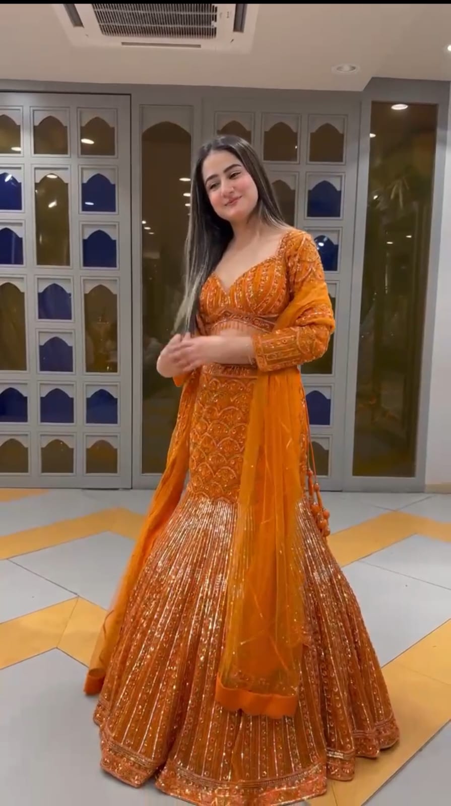Mustard Gold Faux Georgette Sequin Work Lehenga Set