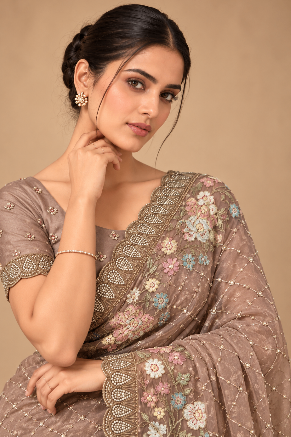 Taupe Mauve Georgette Saree with Multicolor Floral Embroidery and Embellished Border | Royal Creation