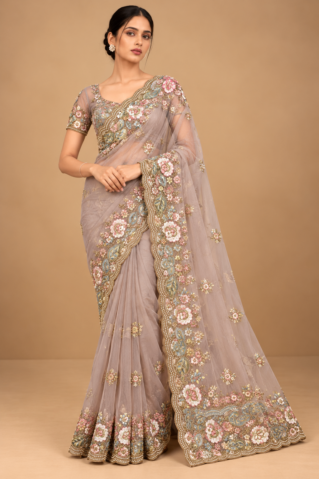 Pastel Mauve Georgette Saree with Floral Embroidery | Royal Creation — photo 2