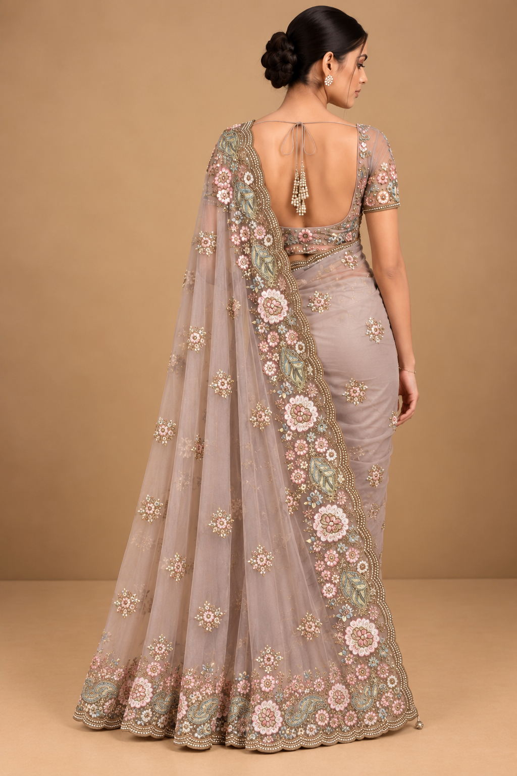 Pastel Mauve Georgette Saree with Floral Embroidery | Royal Creation — photo 3