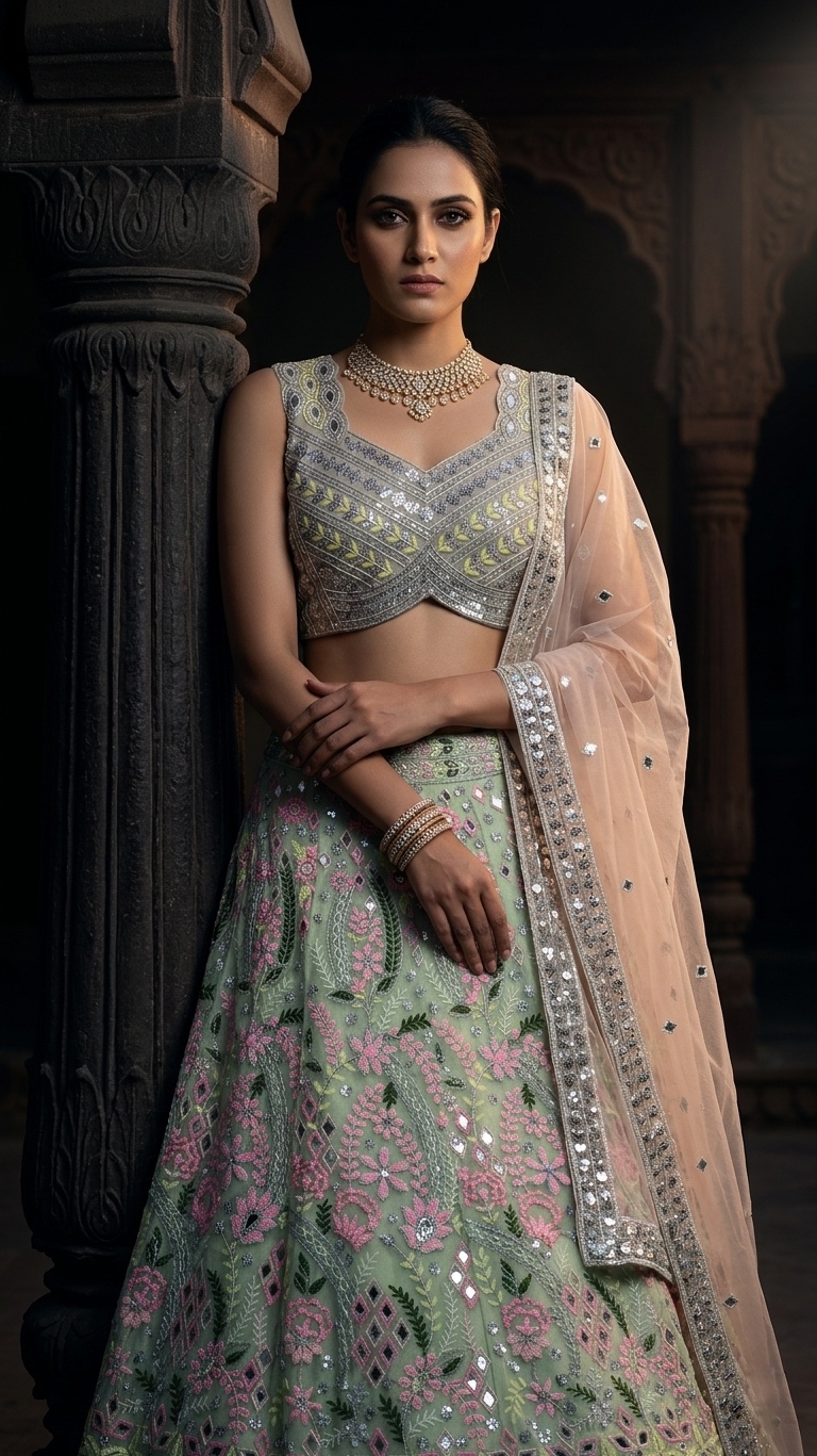 Sage Green Embroidered Lehenga