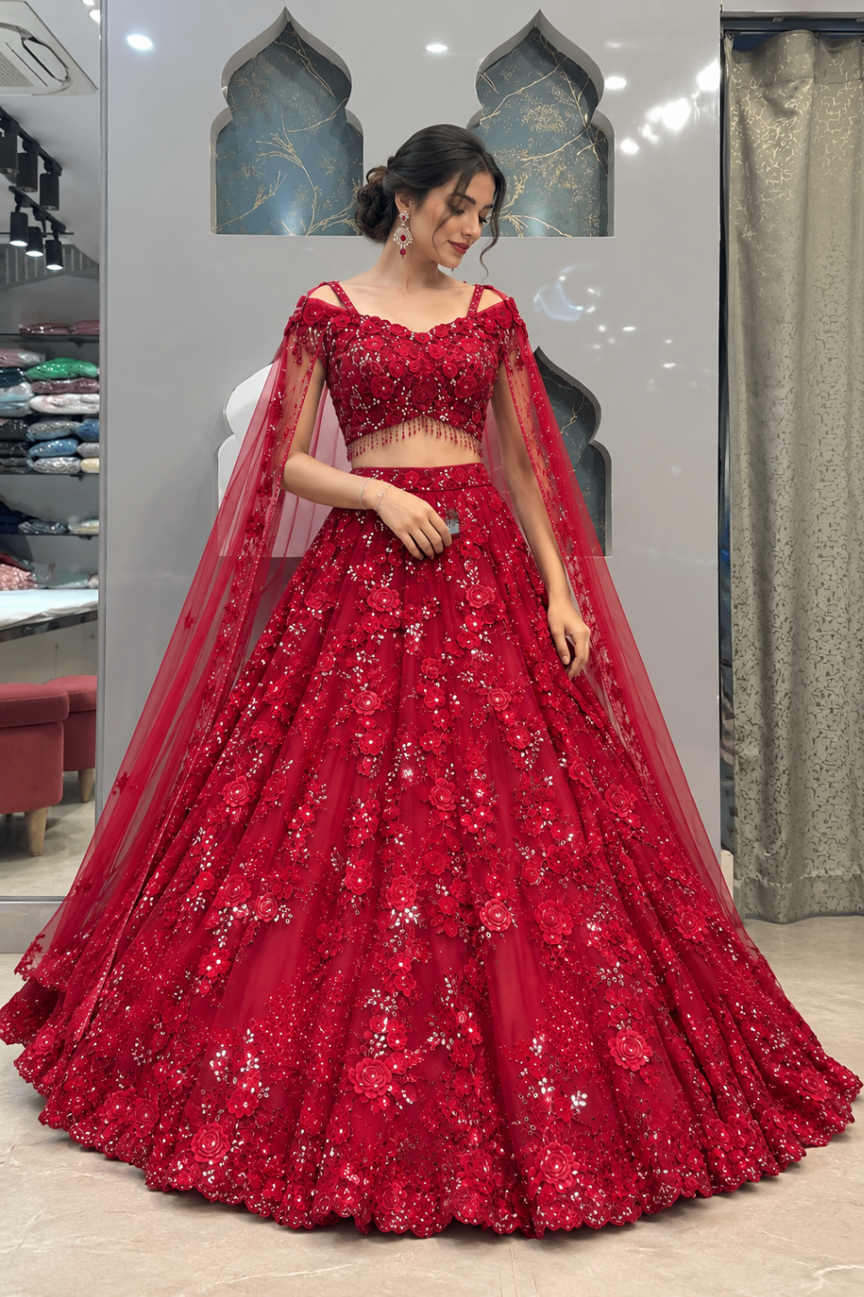 Red Sequin Embroidered Lehenga Set