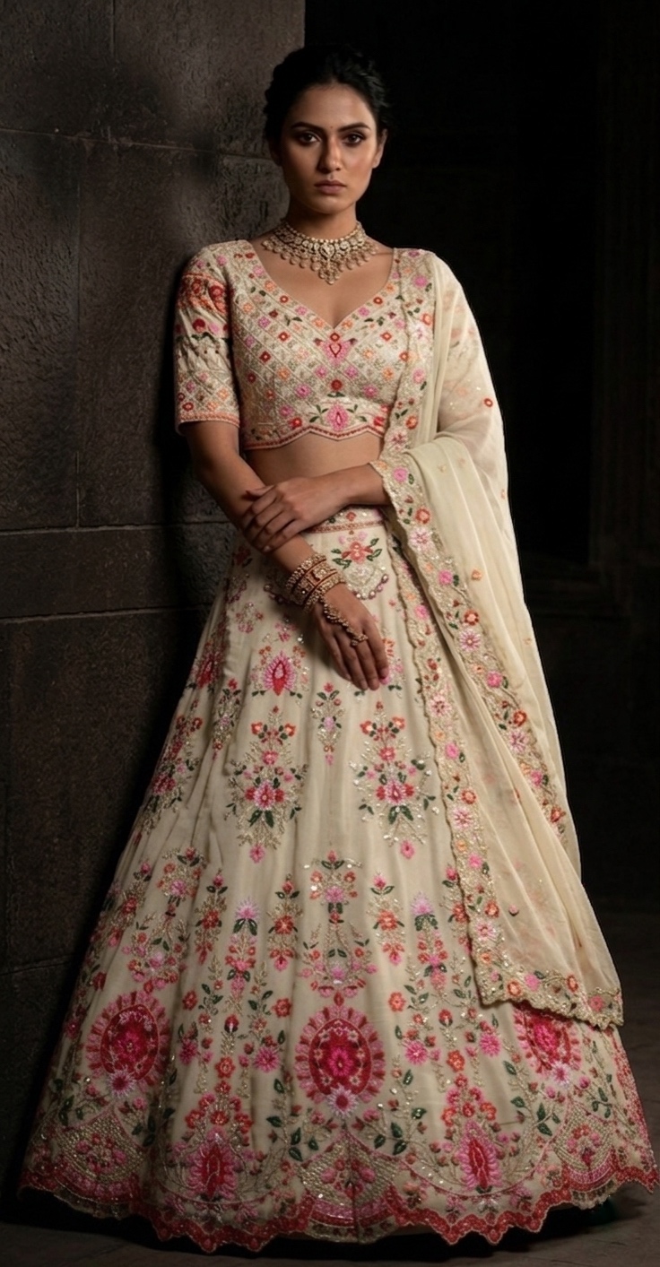 Ivory Floral Embroidered Lehenga Set